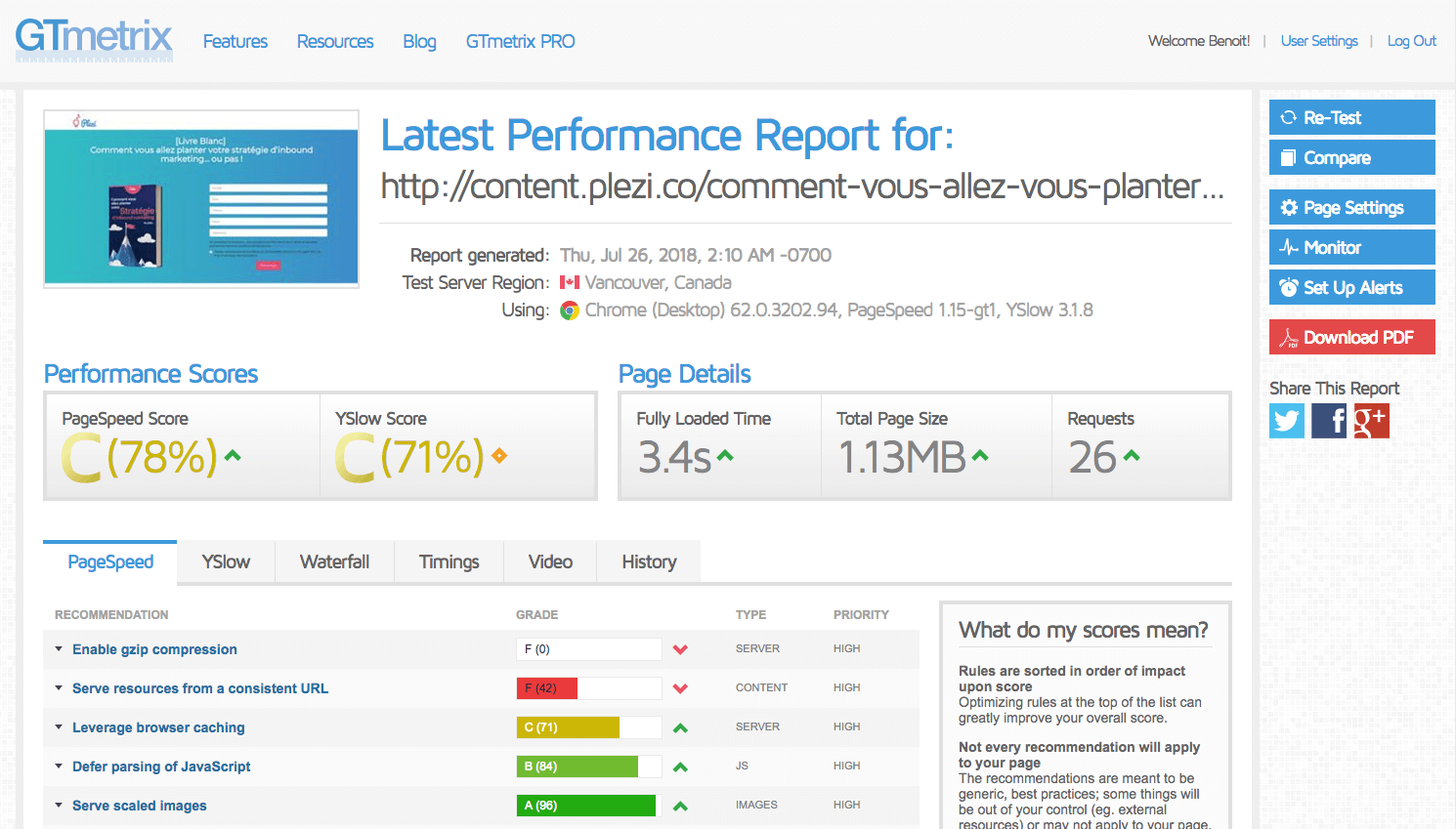 GT Metrix : outil d'analyse de temps de chargement d'une page web