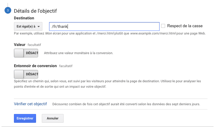 renseignement de l'url à l'étape 3 de création d'un objectif dans Google Anlaytics