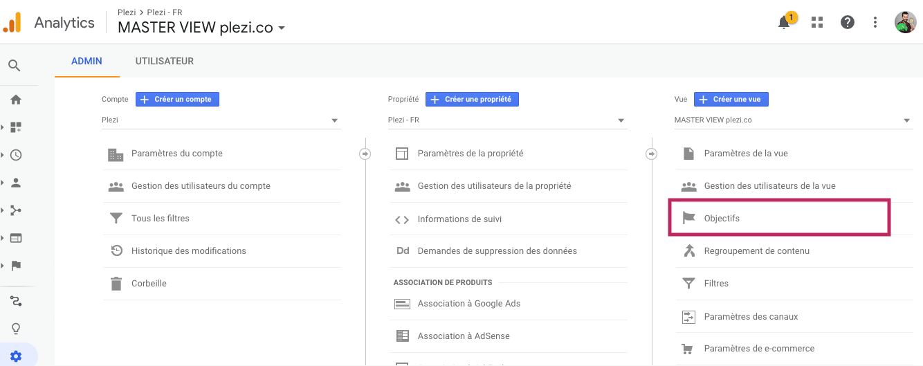 Écran de paramétrage des objectifs sur une vue Google Analytics