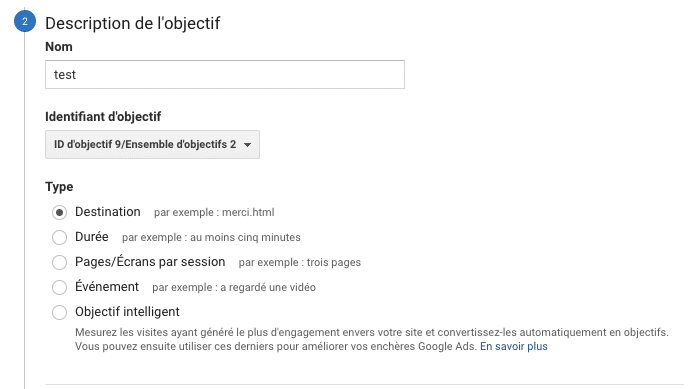 Etape 2 de création d'un objectif dans Google Analytics